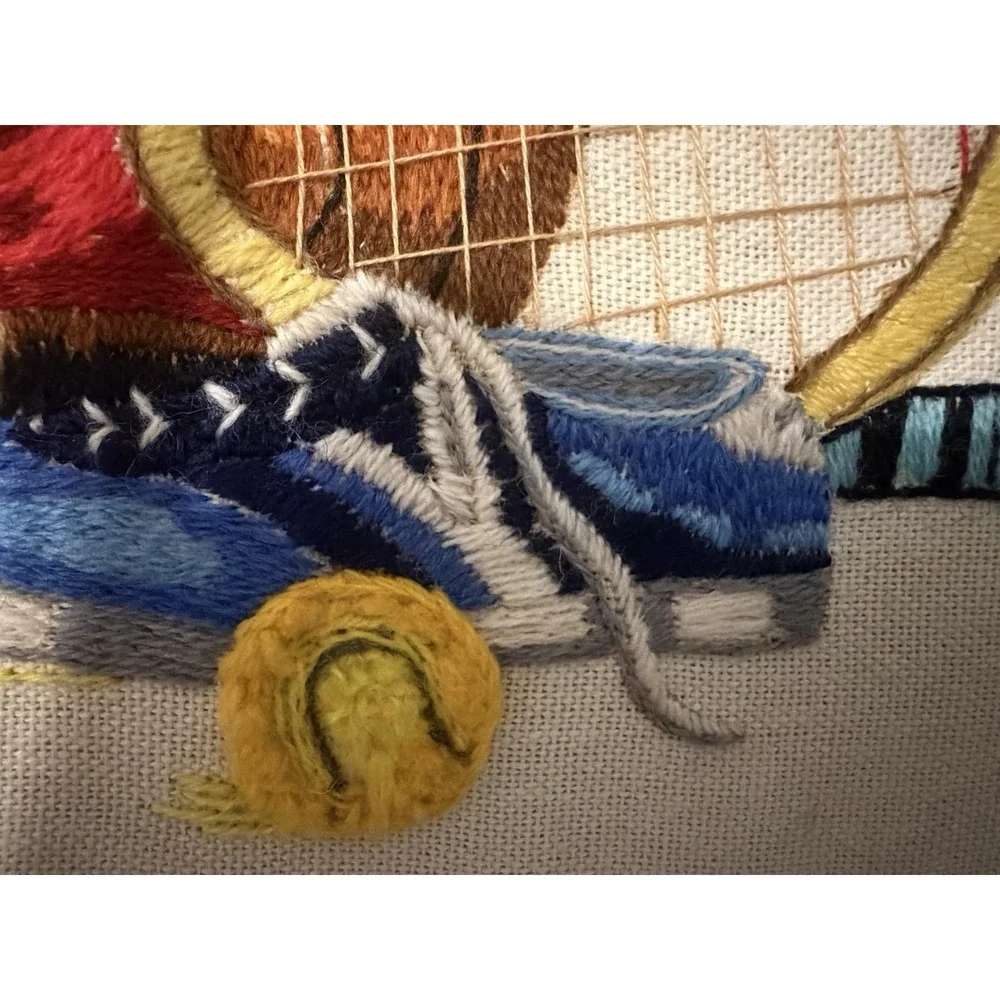 Vintage Crewel Embroidery Sports‎ Wall Art Football Baseball Tennis Framed